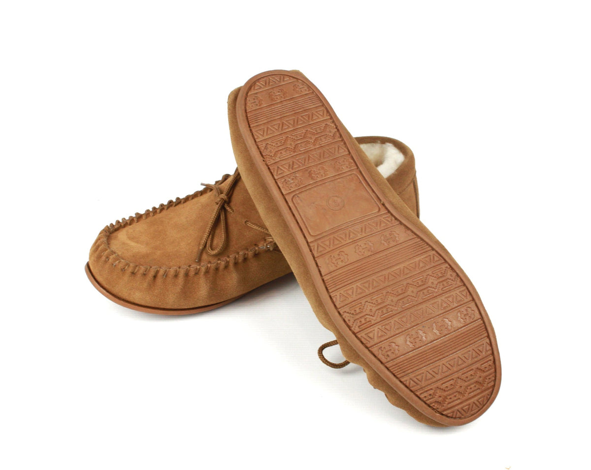 Chestnut suede moccasin slippers, TPR outsole with patterned tread