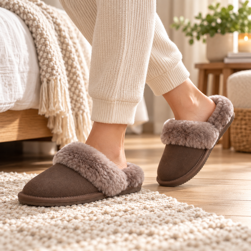 Truffle suede mule slippers, plush faux-shearling trim and textured sole seen side-on.