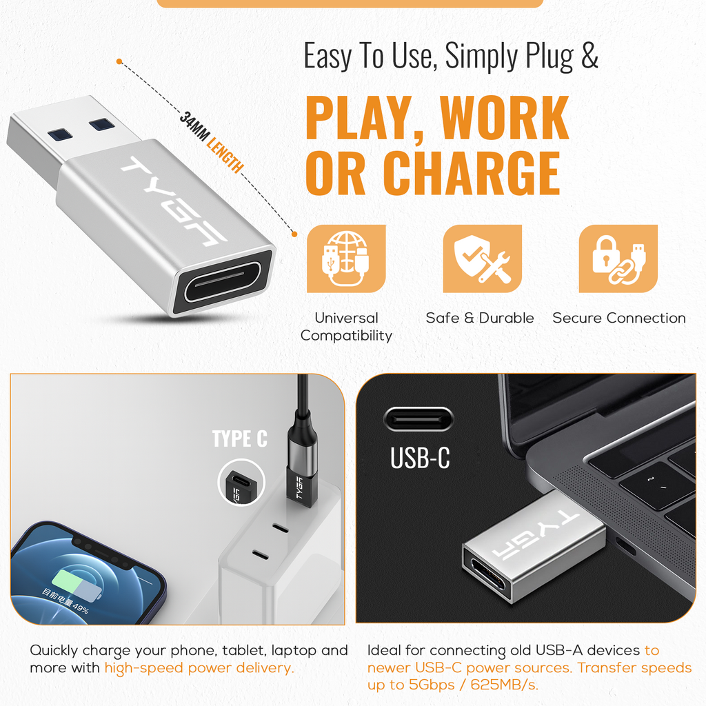 USB-C to USB-A Adapter, 5Gbps, 3.0/3.2 Data Transfer, Sync & Charge