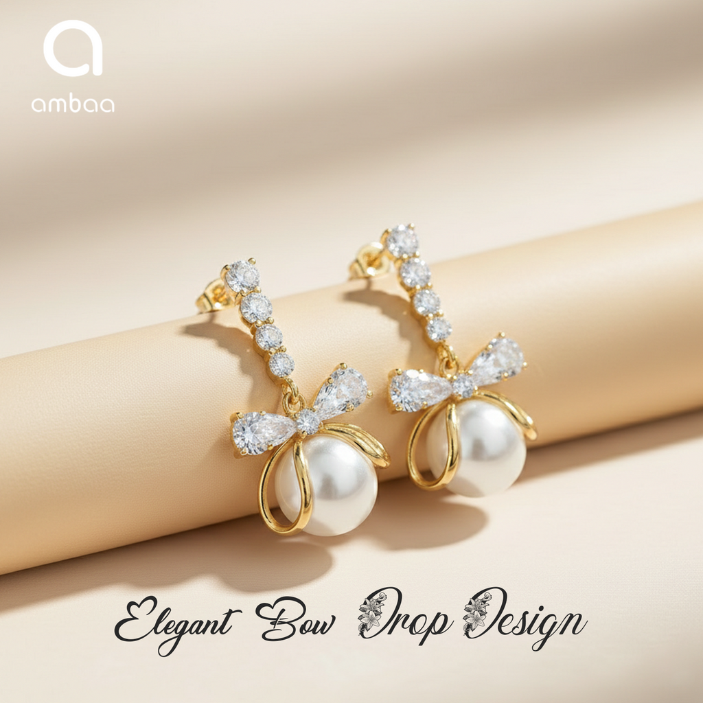 White Pearl Bow Drop Earrings, Gold Tone Crystal Bow Dangle, 1 Pair