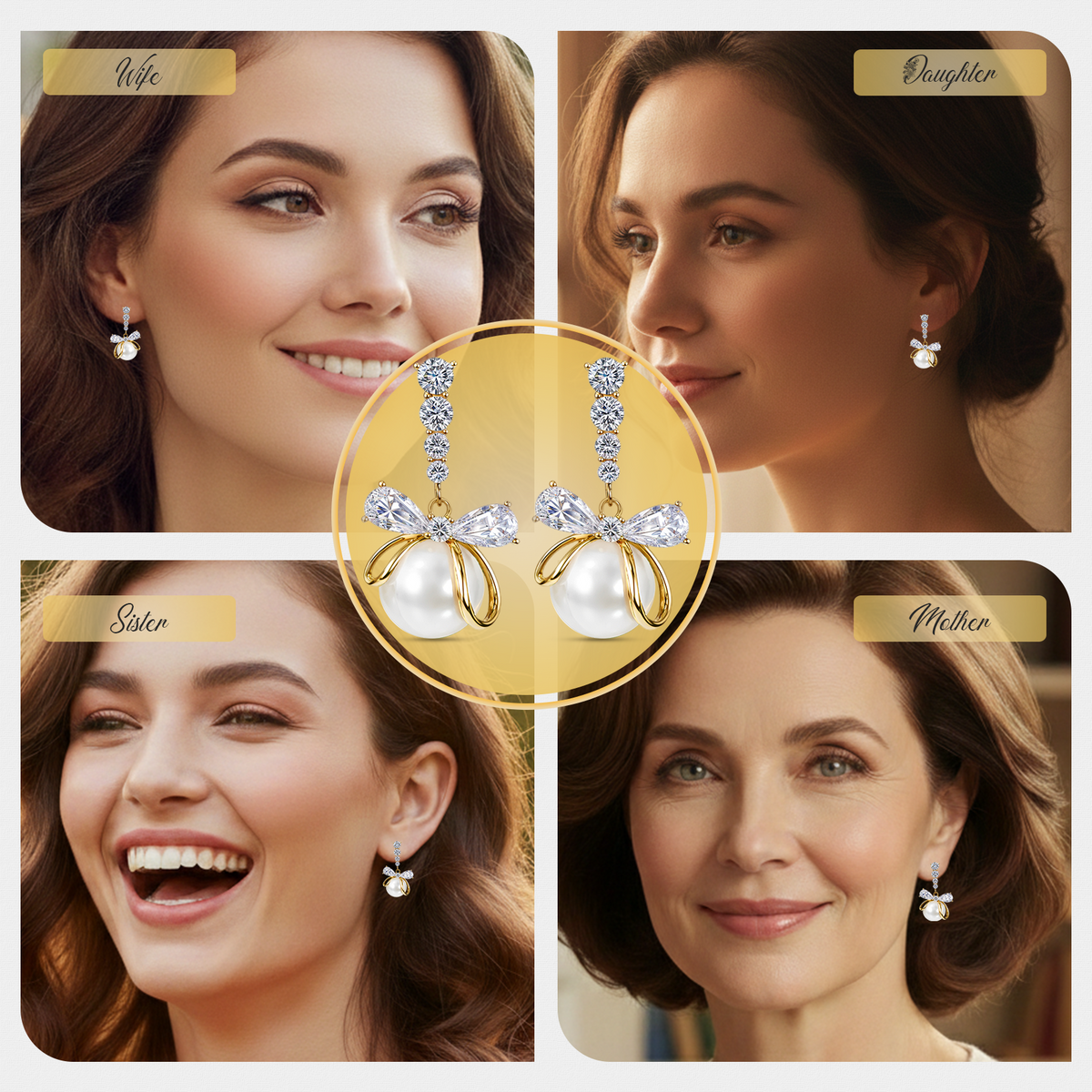 White Pearl Bow Drop Earrings, Gold Tone Crystal Bow Dangle, 1 Pair