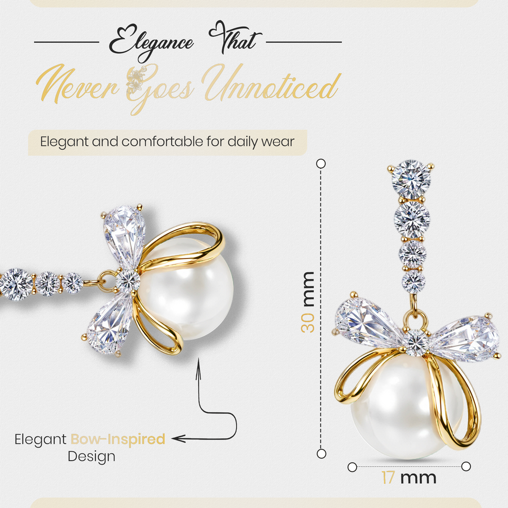 White Pearl Bow Drop Earrings, Gold Tone Crystal Bow Dangle, 1 Pair