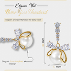 White Pearl Bow Drop Earrings, Gold Tone Crystal Bow Dangle, 1 Pair