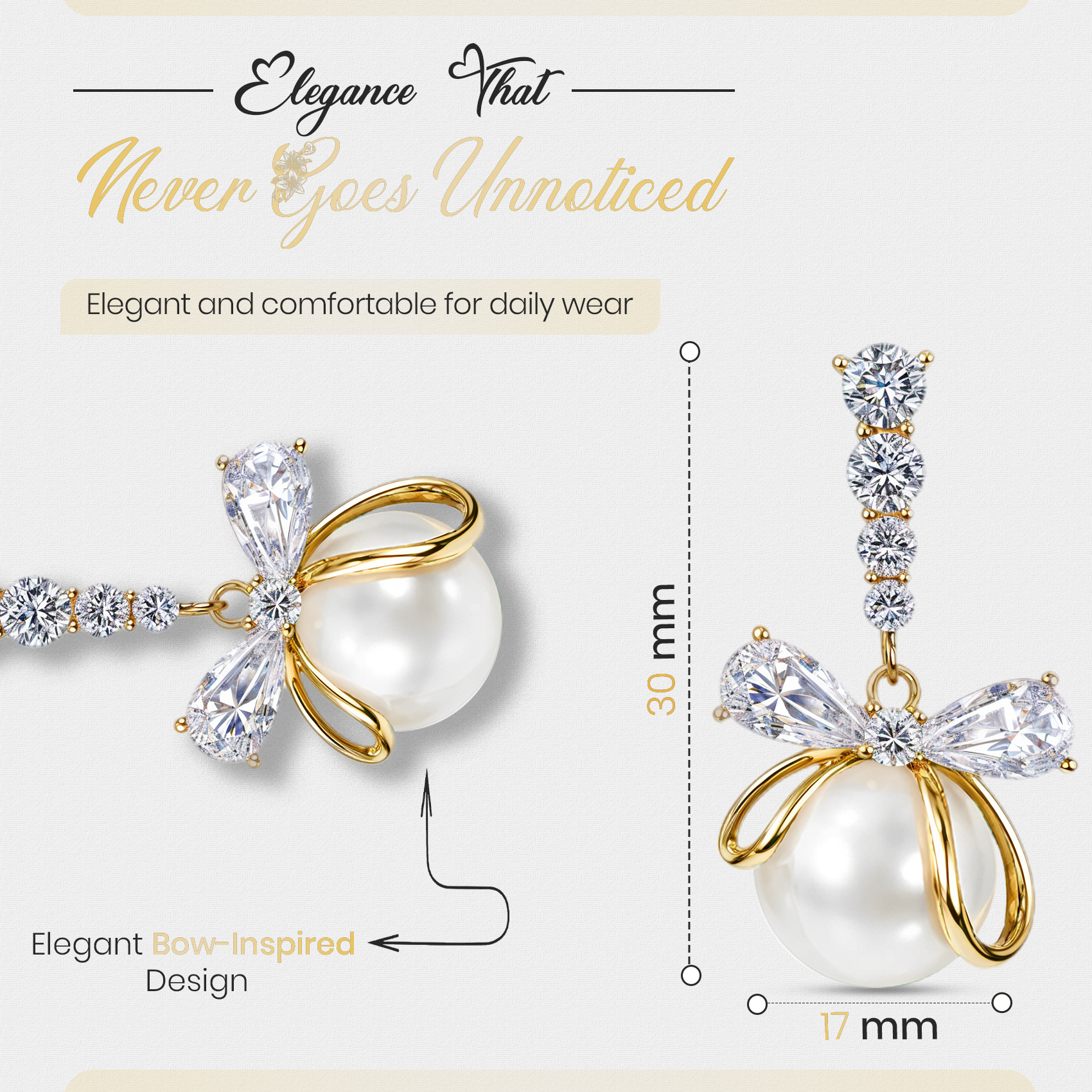 White Pearl Bow Drop Earrings, Gold Tone Crystal Bow Dangle, 1 Pair