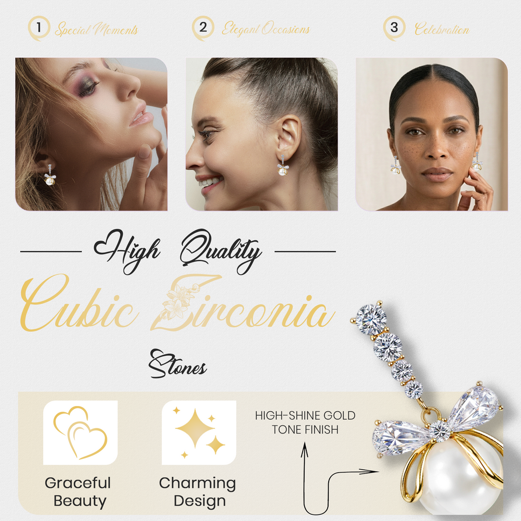 White Pearl Bow Drop Earrings, Gold Tone Crystal Bow Dangle, 1 Pair