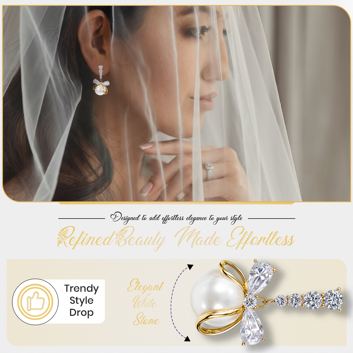 White Pearl Bow Drop Earrings, Gold Tone Crystal Bow Dangle, 1 Pair