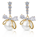 White Pearl Bow Drop Earrings, Gold Tone Crystal Bow Dangle, 1 Pair