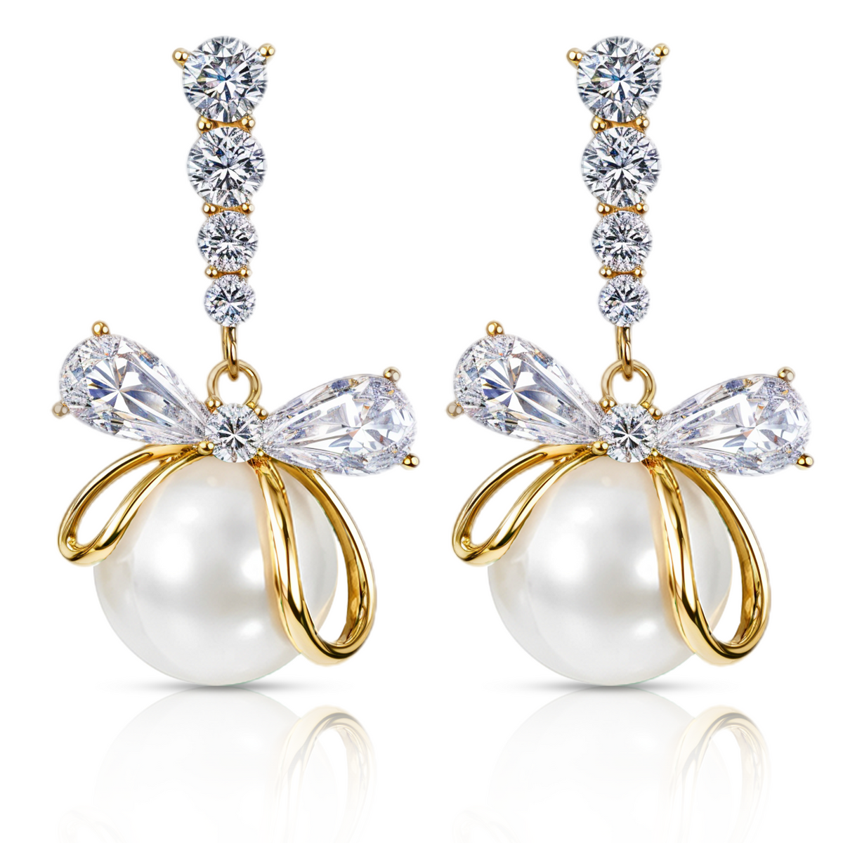 White Pearl Bow Drop Earrings, Gold Tone Crystal Bow Dangle, 1 Pair