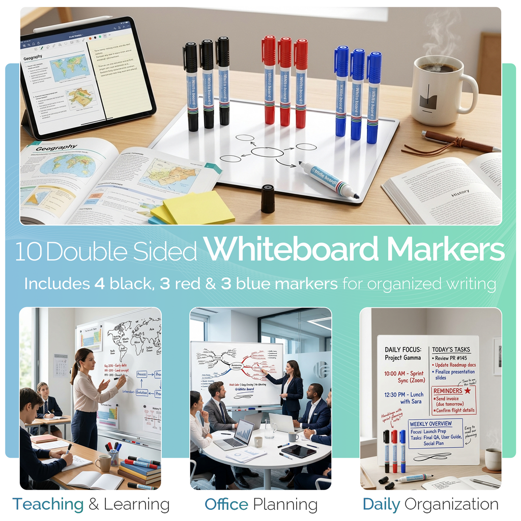 Double Sided Whiteboard Markers, Bullet & Chisel Tip, Pack of 10