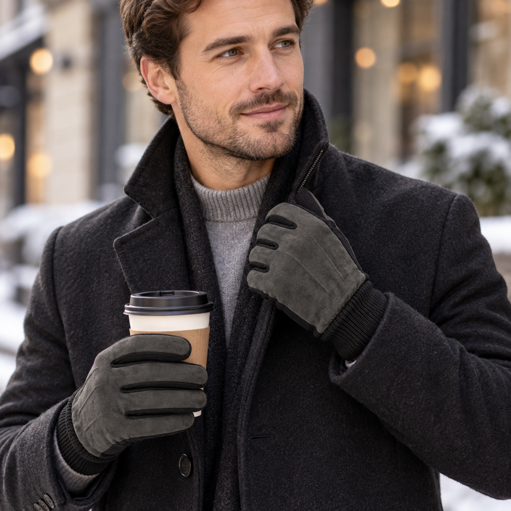 Black suede knit glove on model hand, ribbed knit cuff, full fingers