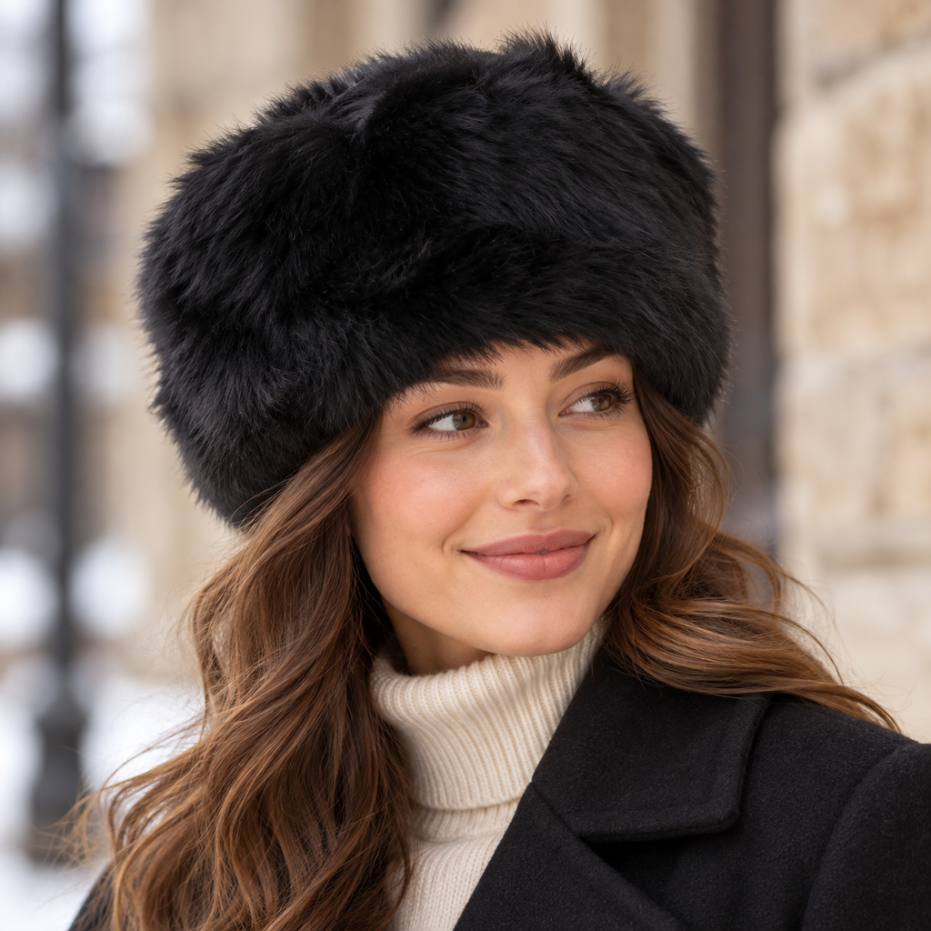 Women’s Sheepskin Cossack Style Hat, Double Face Crown, Black