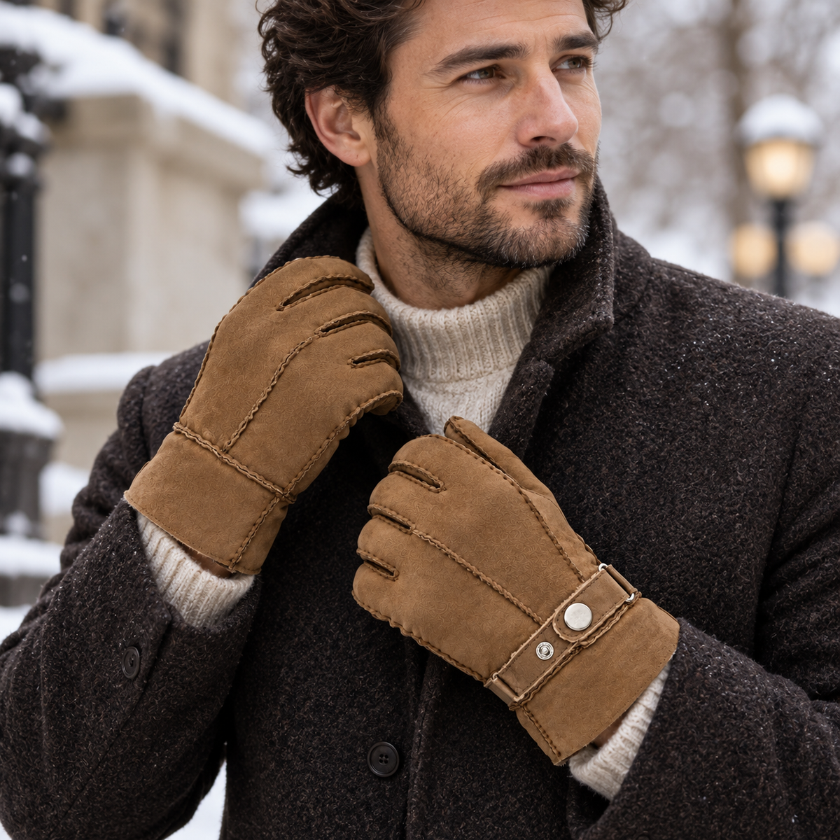 Men’s Sheepskin Gloves, Hand Sewn, Stud Strap Detail, Brown