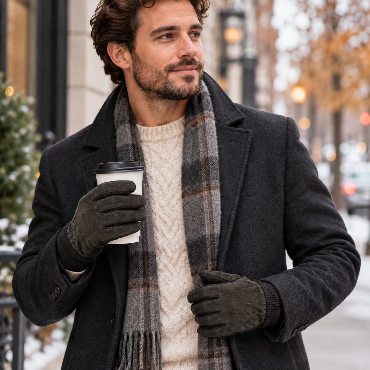 Brown suede knit gloves with ribbed knitted cuffs on hands