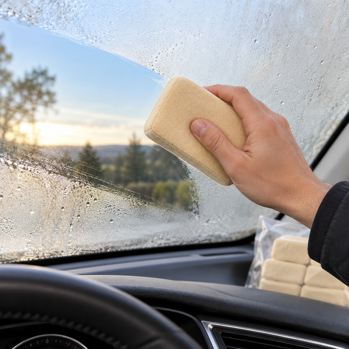 Beige chamois leather polishing pad held in a hand