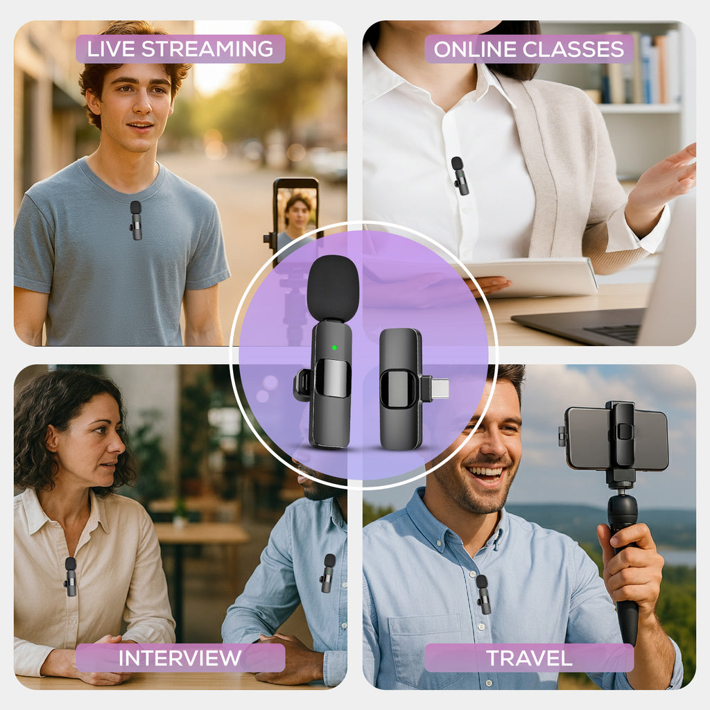 Wireless Lavalier Microphone Set, Noise Cancelling, USB-C, Black, 1 Pair