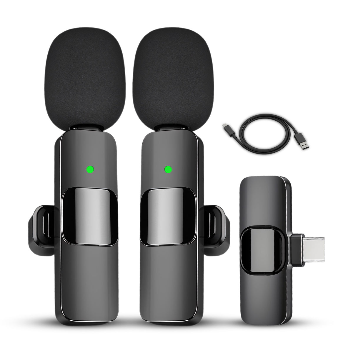 Wireless Lavalier Microphone Set, Noise Cancelling, USB-C, Black, 1 Pair