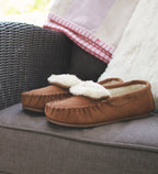 Dark camel moccasin slippers with plush white lining and textured TPR sole