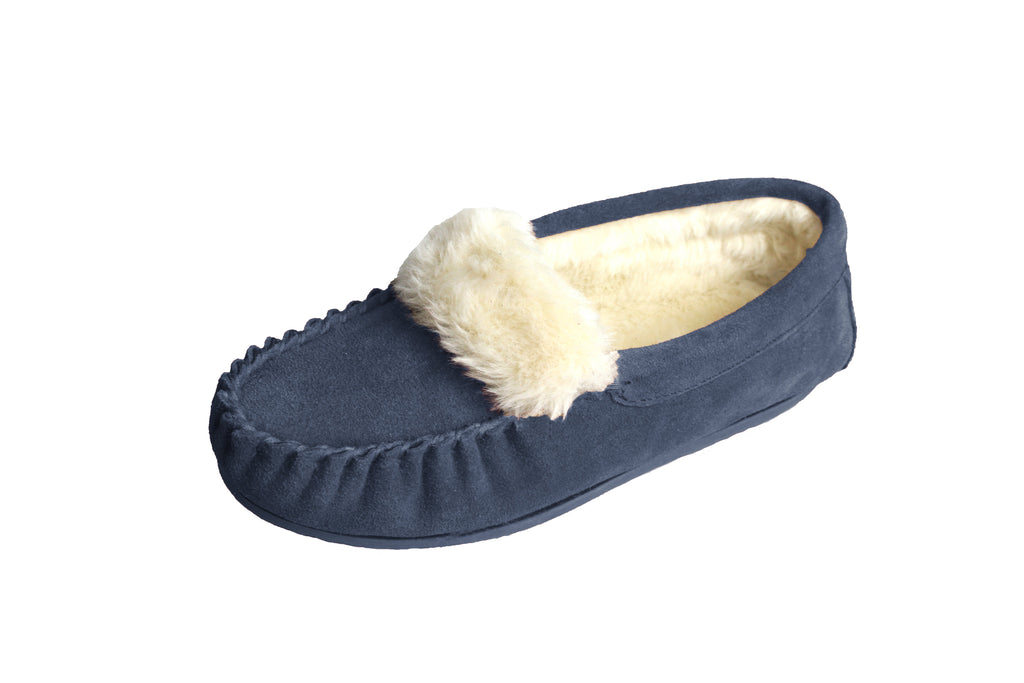 Navy suede moccasin slippers with plush faux-fur lining and moc-style toe