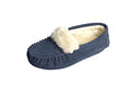 Navy suede moccasin slippers with plush faux-fur lining and moc-style toe