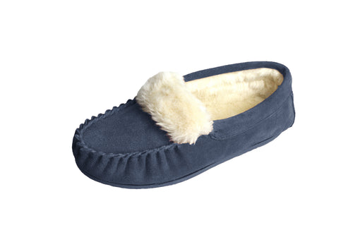 Navy suede moccasin slippers with plush faux-fur lining and moc-style toe