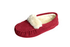 Crimson plush-lined moccasin slippers with suede upper and fluffy cuff lining