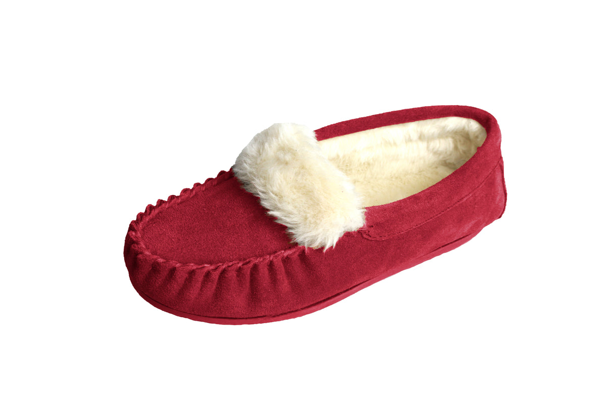 Crimson plush-lined moccasin slippers with suede upper and fluffy cuff lining
