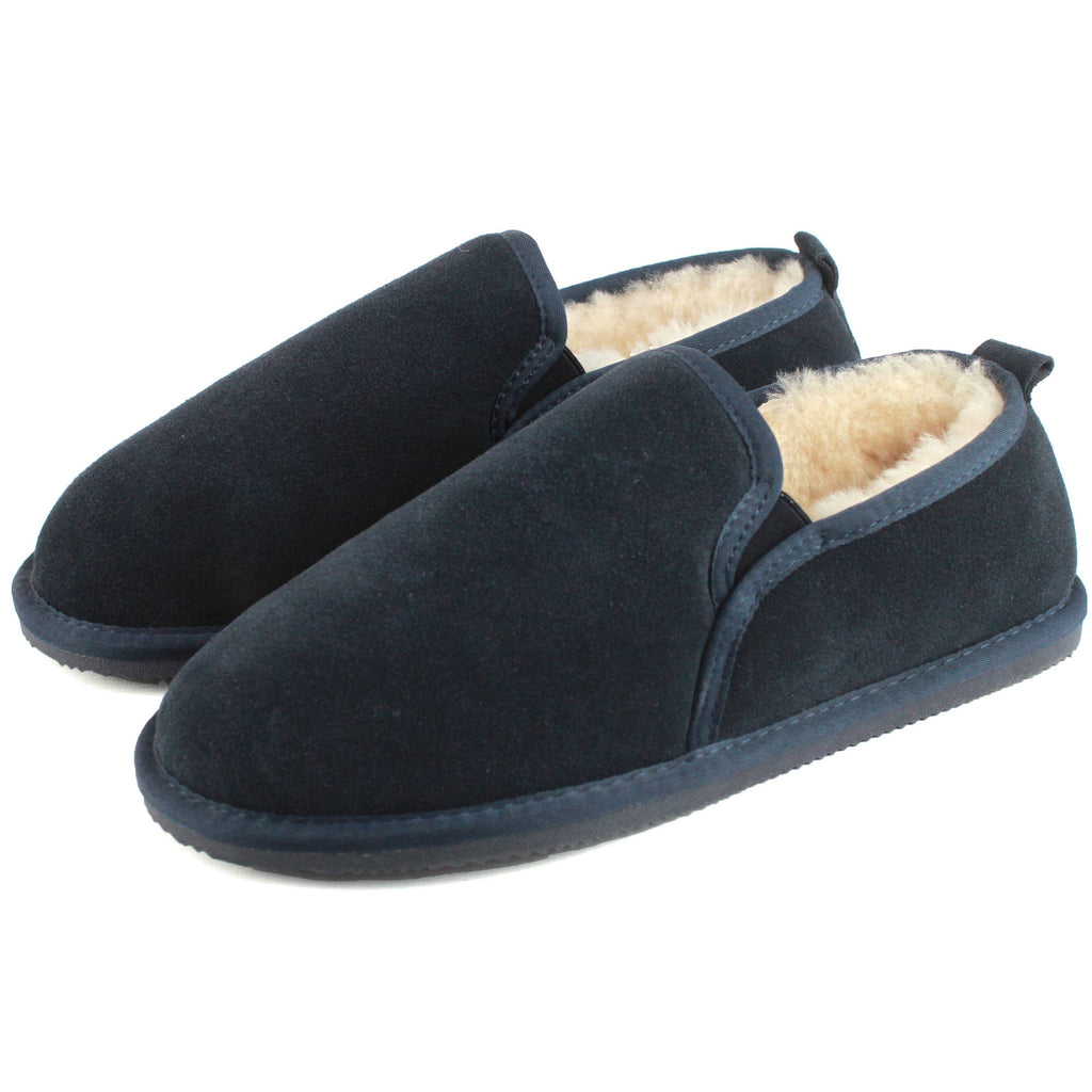 Men's navy suede sheepskin slippers with plush tan lining and dark EVA sole