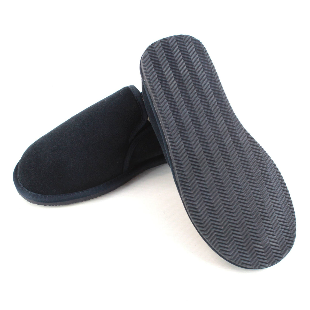 Men's navy suede slippers with textured dark EVA outsole