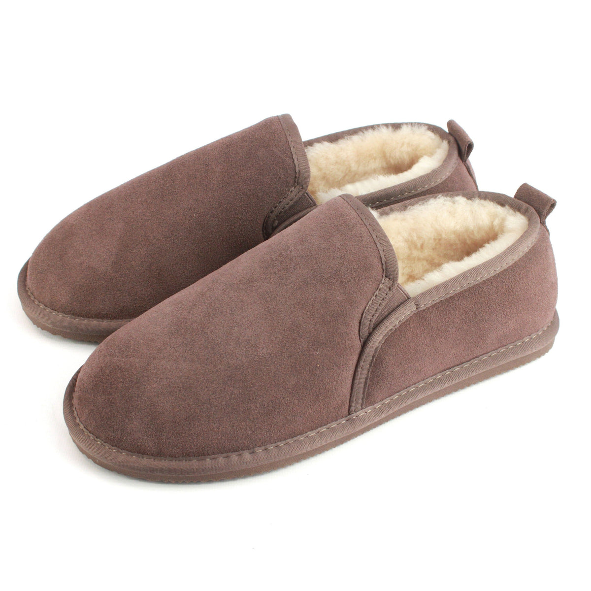 Truffle suede sheepskin slippers with cream fleece lining, slip-on design