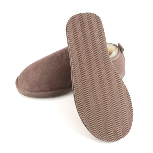 Truffle sheepskin slippers showing textured EVA sole with herringbone tread