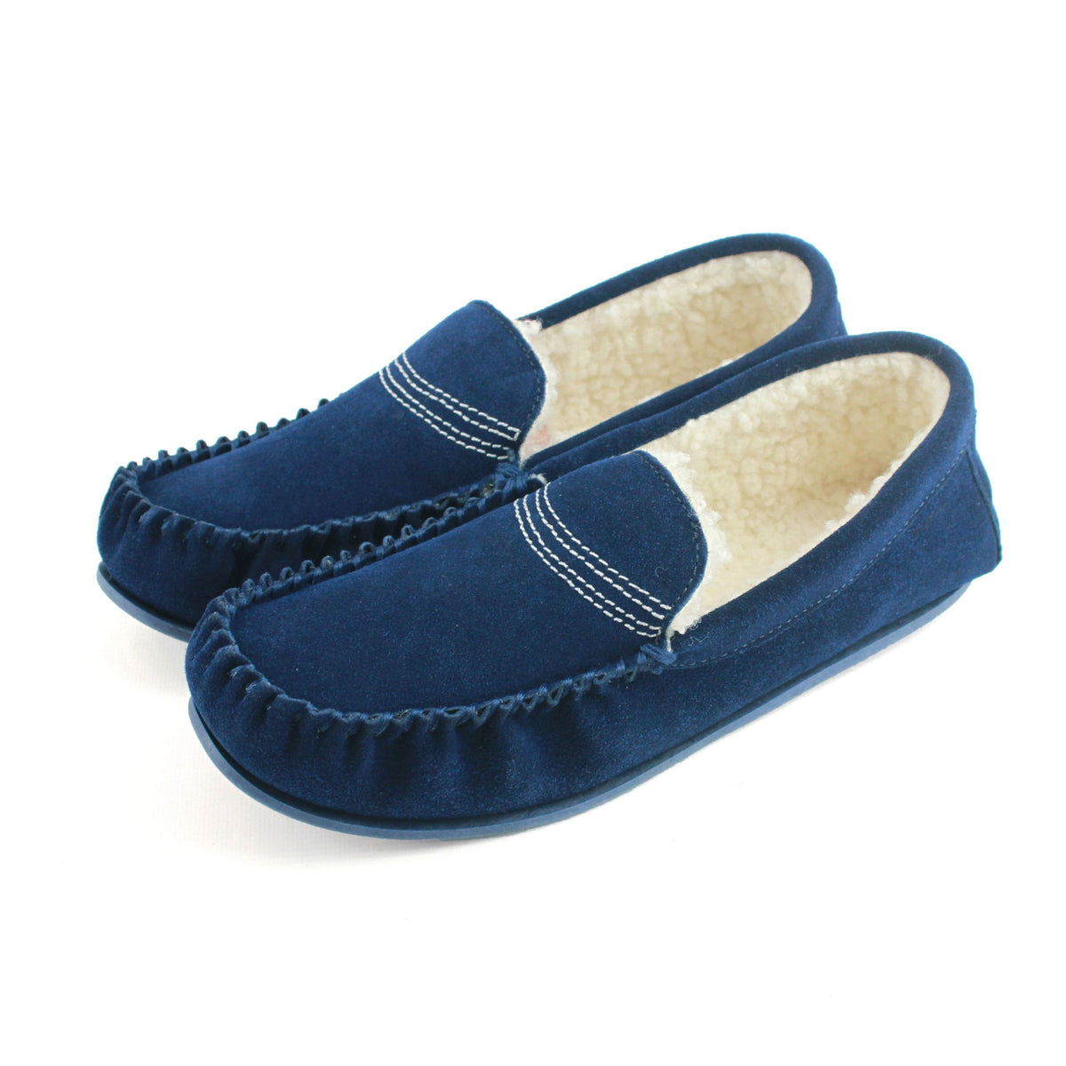 Blue suede moccasin slippers with fleece lining and TPR sole