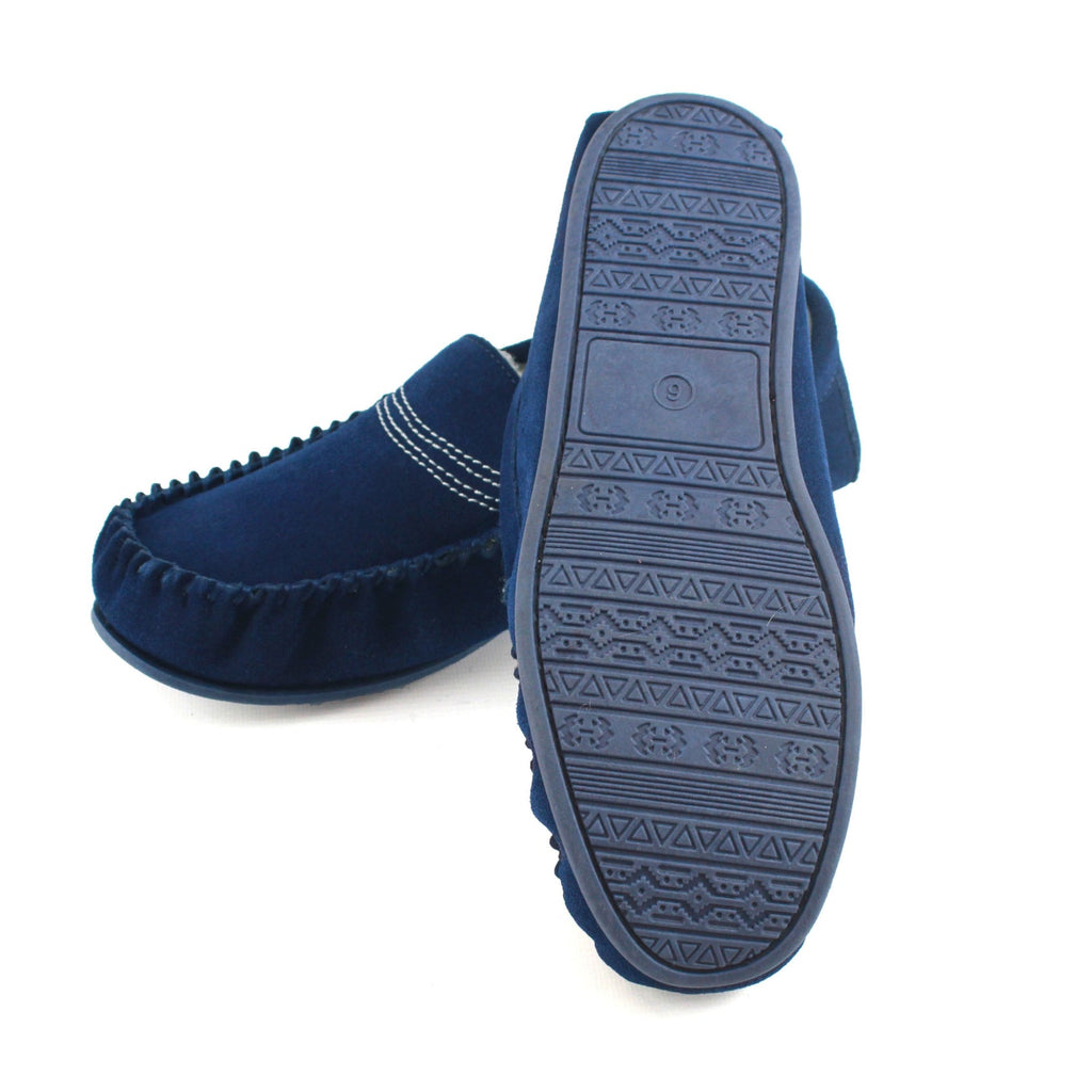 Blue suede moccasin slippers with patterned TPR outsole and fleece lining
