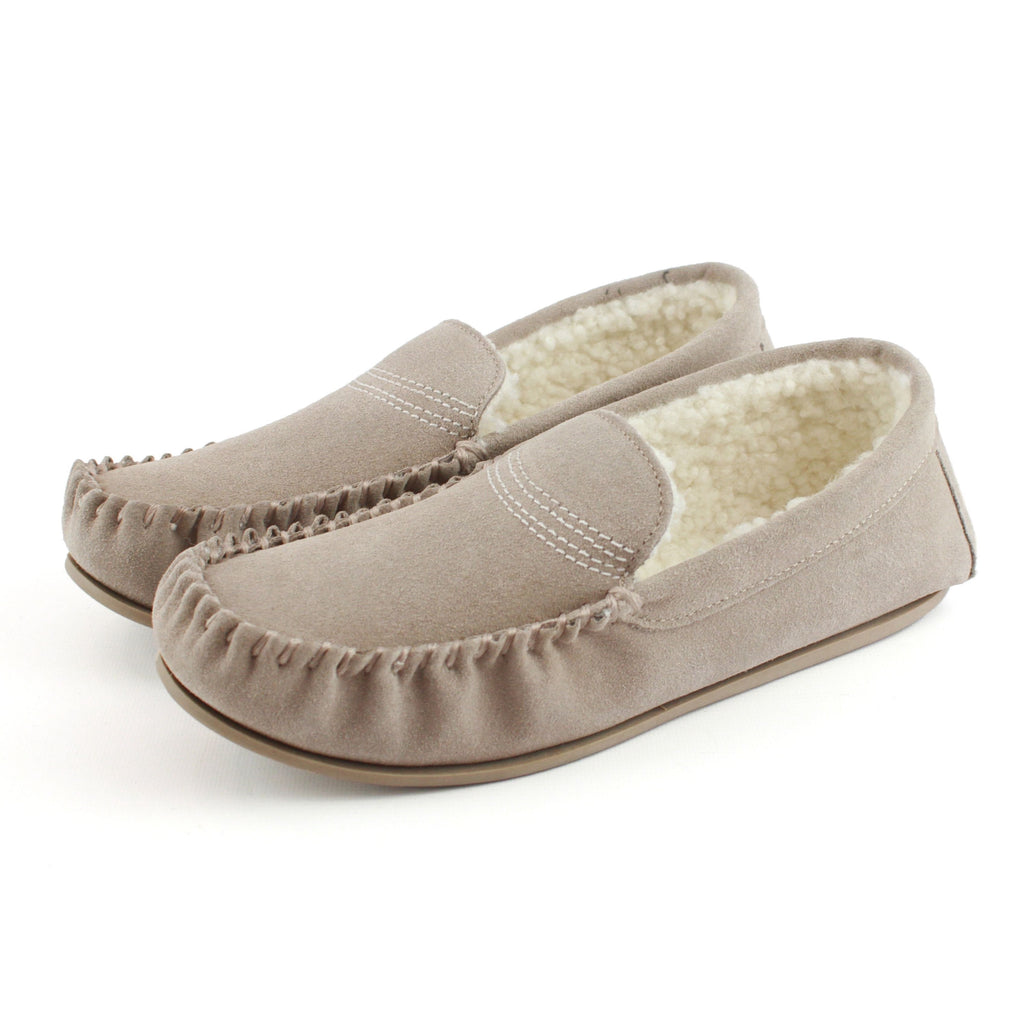 Stone suede moccasin slippers with fleece lining and stitched moccasin toe