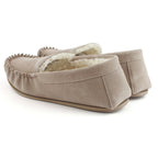 Stone suede moccasin slippers with fleece lining and slip-on side panel stitching