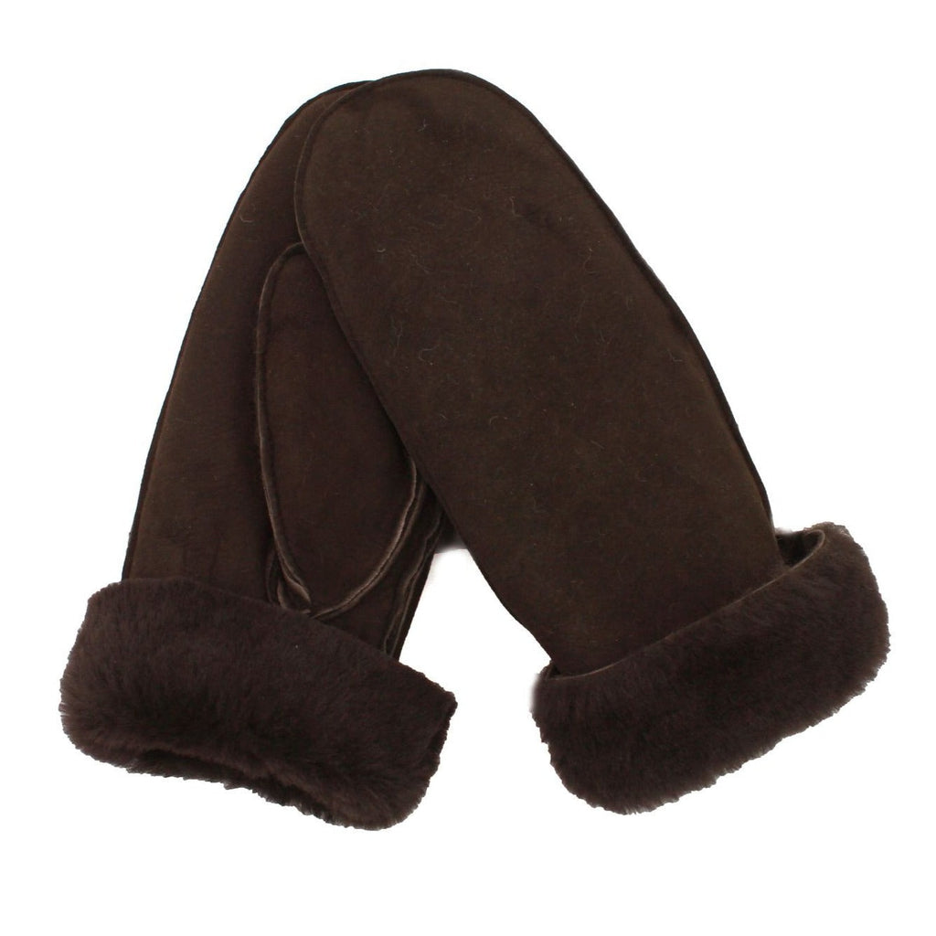 Brown sheepskin full hand mitten with elastic cuff and fuzzy fur trim