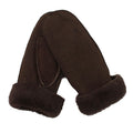 Brown sheepskin full hand mitten with elastic cuff and fuzzy fur trim