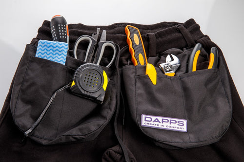Black work joggers with multiple tool-ready cargo pockets, showing hanging tools