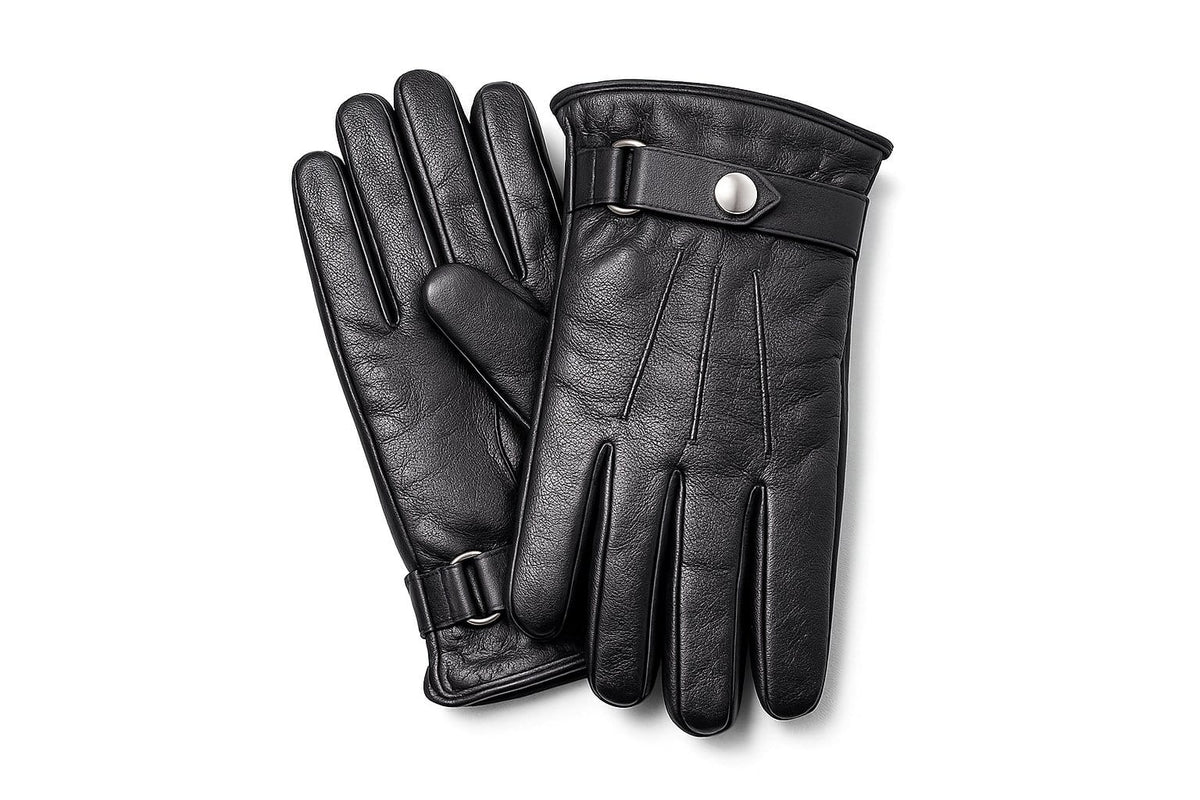 Genuine Leather Gloves for Men, Stud Strap with 3-Point Stitch Detail