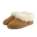 Chestnut suede slipper boots with fuzzy faux-fur collar and EVA sole