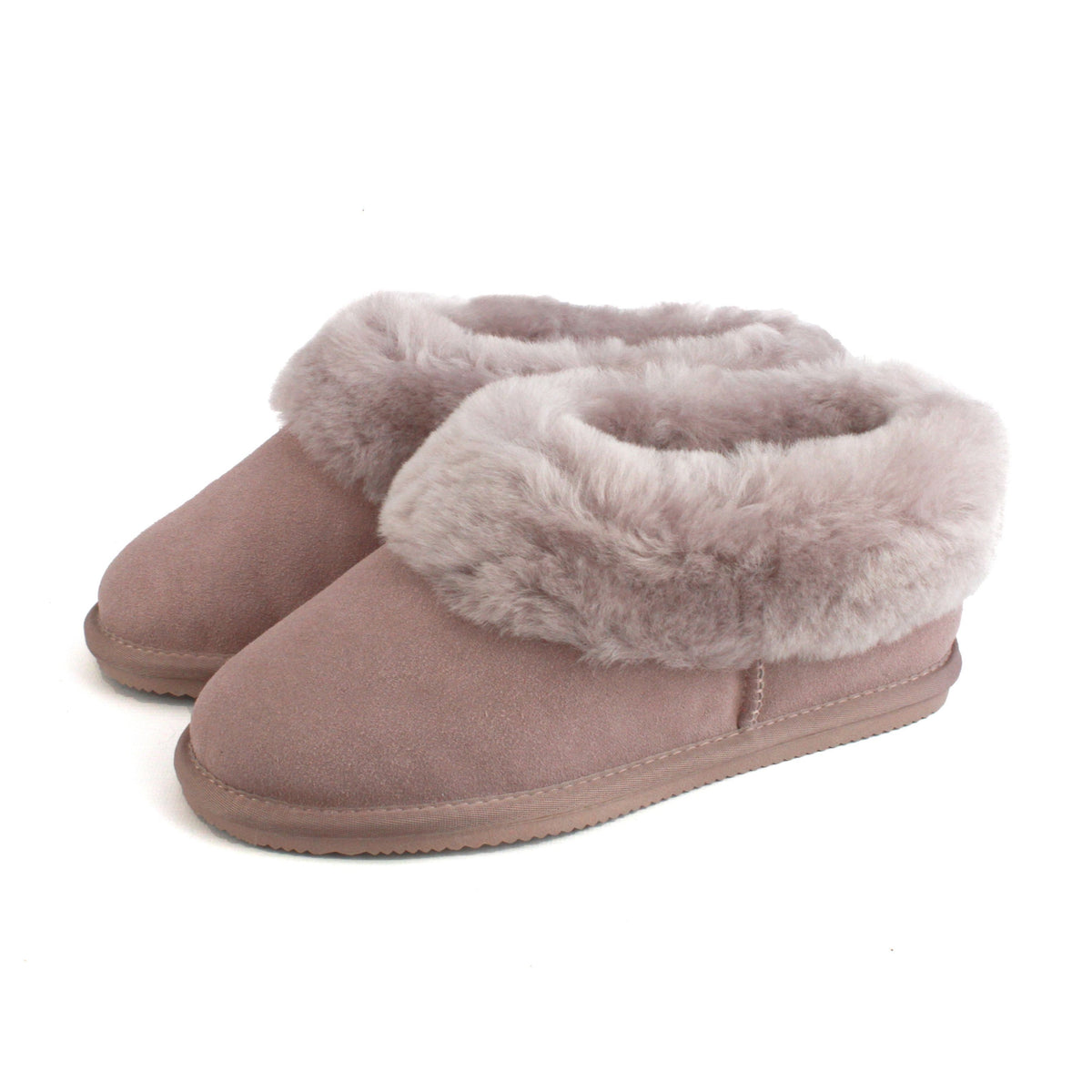 Mushroom suede slipper boots with plush faux-fur lining and low EVA sole