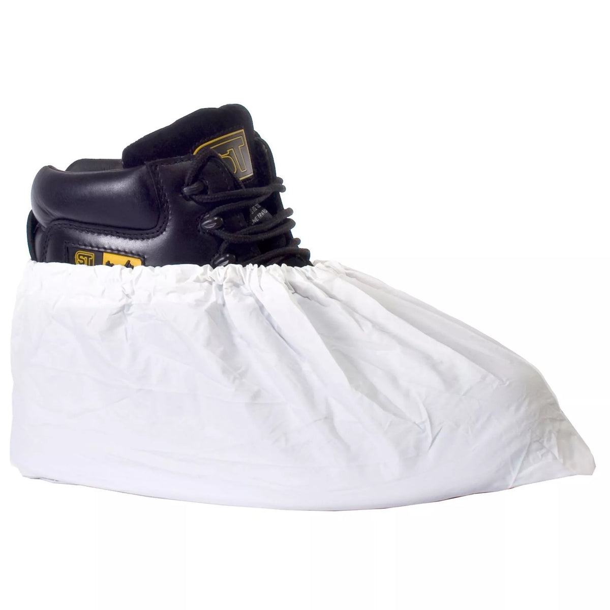 White PVC disposable overshoe with textured sole and elastic ankle cuff