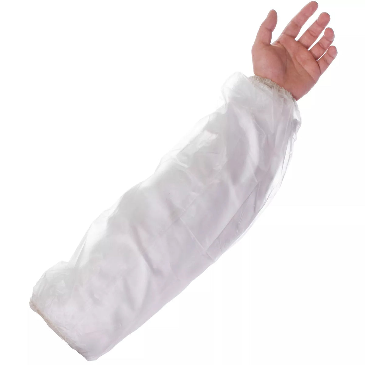 White PVC disposable oversleeves with elasticated cuff, worn over forearm