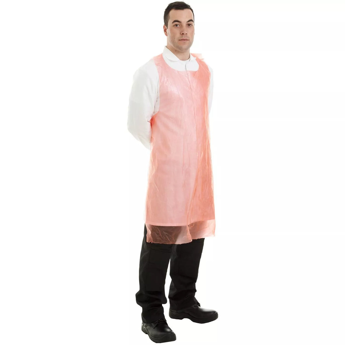 Red disposable PE apron, long sleeveless design shown worn