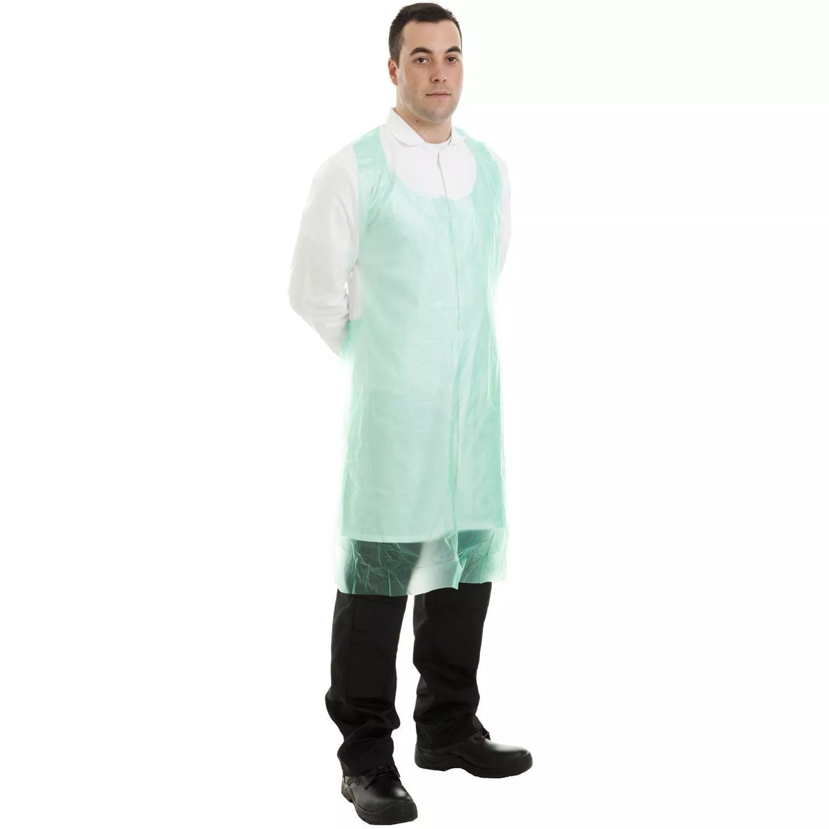 Green disposable PE apron, long sleeveless design shown worn
