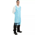 Blue disposable PE apron, long sleeveless design shown worn