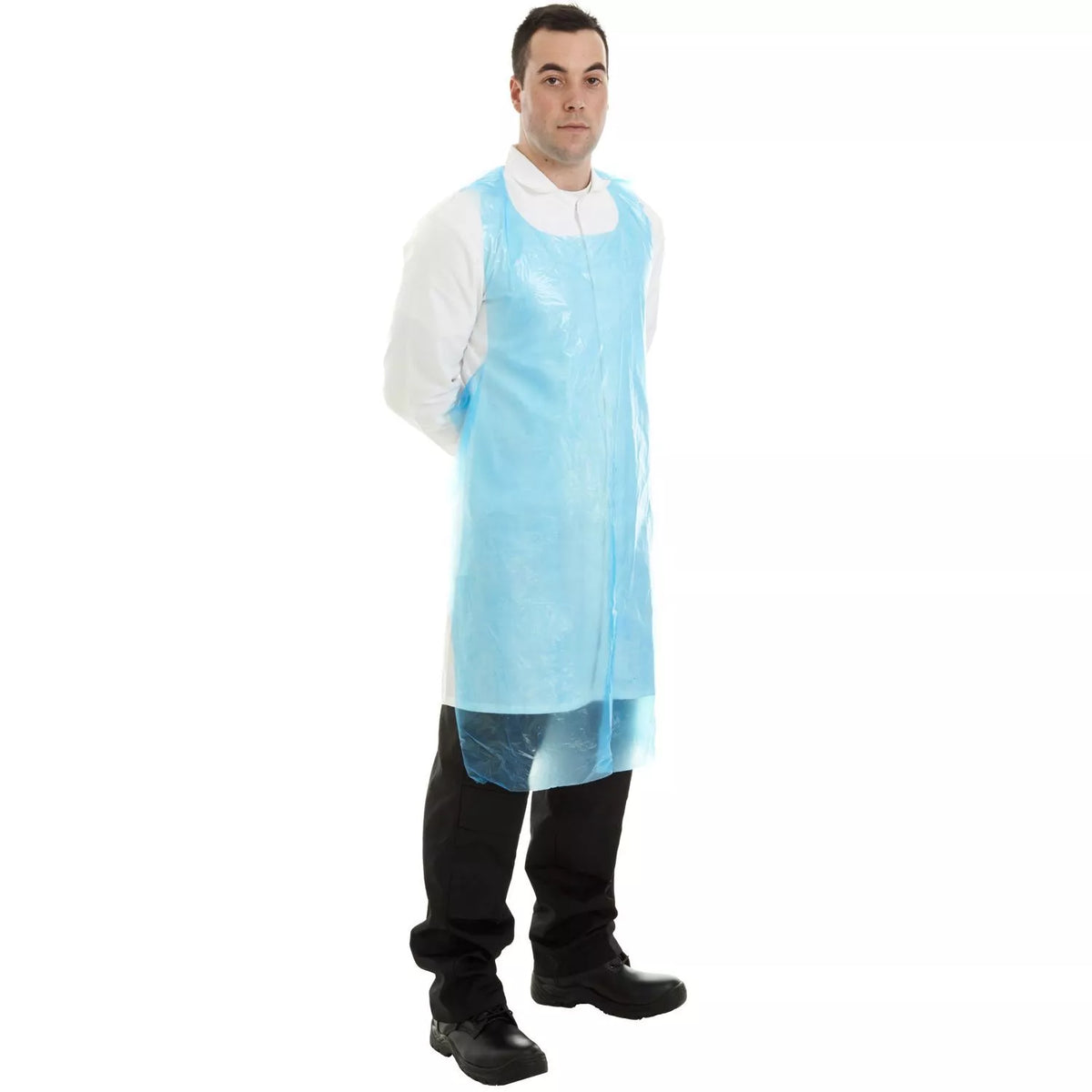 Blue disposable PE apron, long sleeveless design shown worn