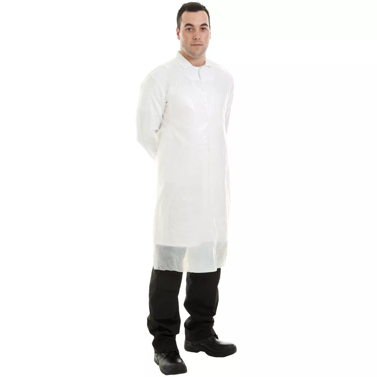White disposable PE apron, long sleeveless design shown worn