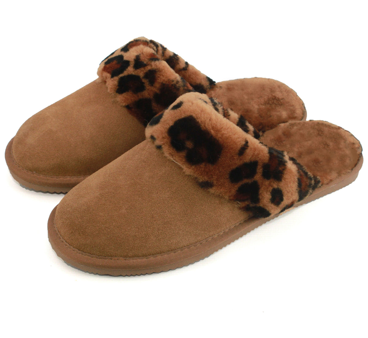 Tan suede mule slippers with leopard-print plush strap and low textured sole