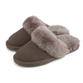 Truffle suede mule slippers with plush faux-shearling crossover strap and EVA sole.