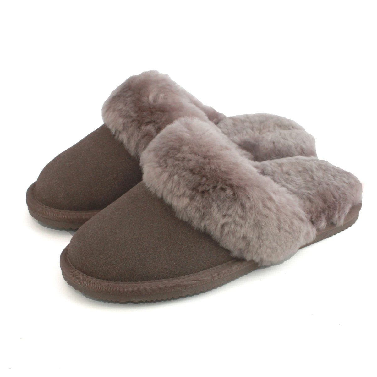 Truffle suede mule slippers with plush faux-shearling crossover strap and EVA sole.